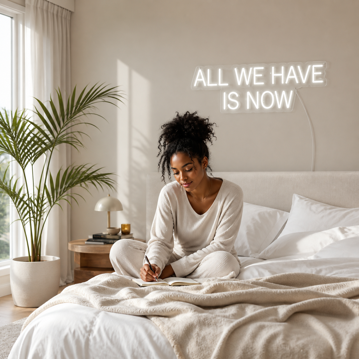 NeonHub lifestyle hero for "ALL WE HAVE IS NOW" Neon Sign