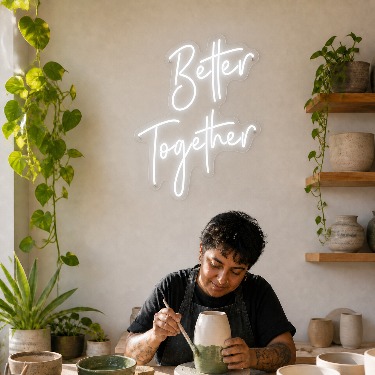 NeonHub lifestyle hero for "Better Together" Neon Sign — cut-to-shape acrylic v3