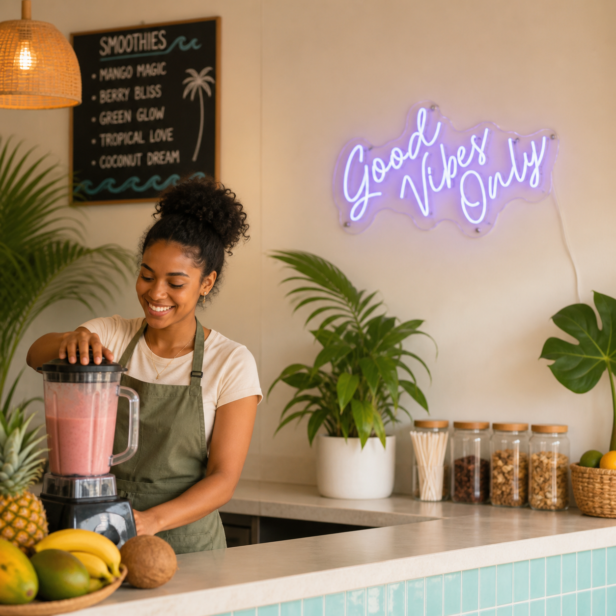 NeonHub lifestyle hero for "Good Vibes Only" Neon Sign V2