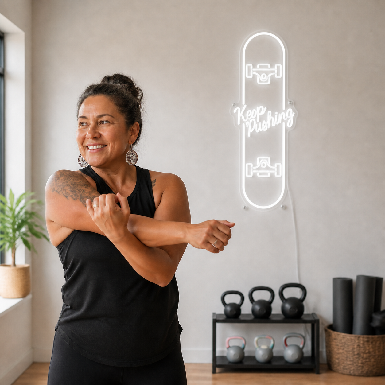 NeonHub lifestyle hero for "Keep Pushing" Neon Sign — cut-to-shape v2
