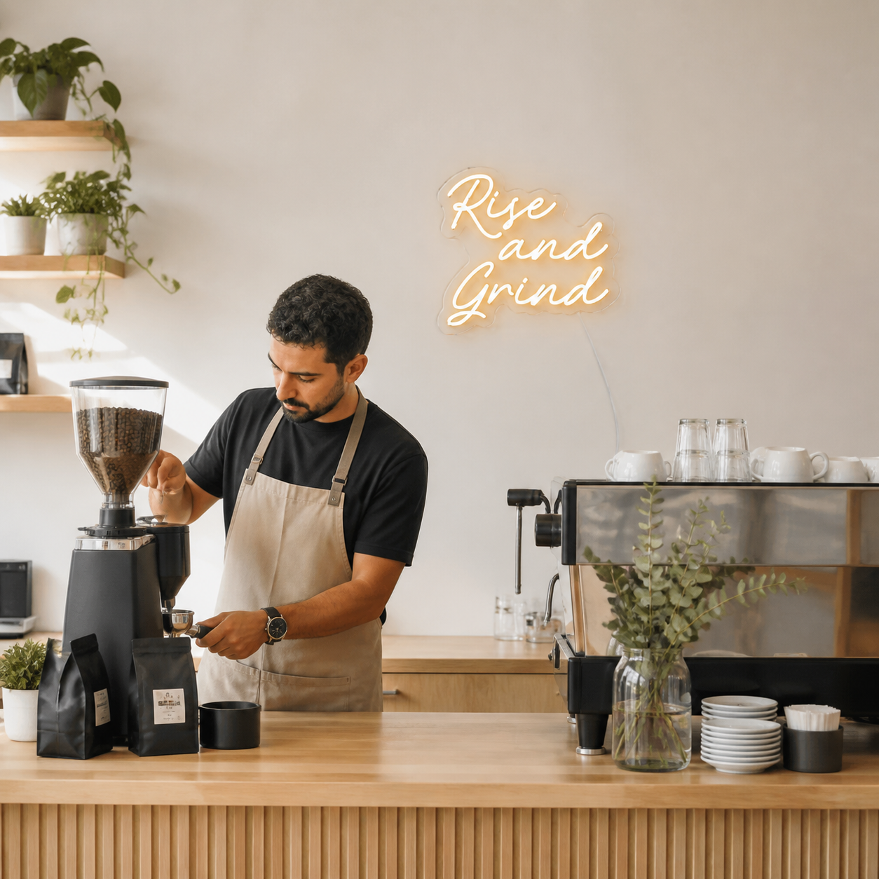 NeonHub lifestyle hero for "Rise And Grind" Neon Sign