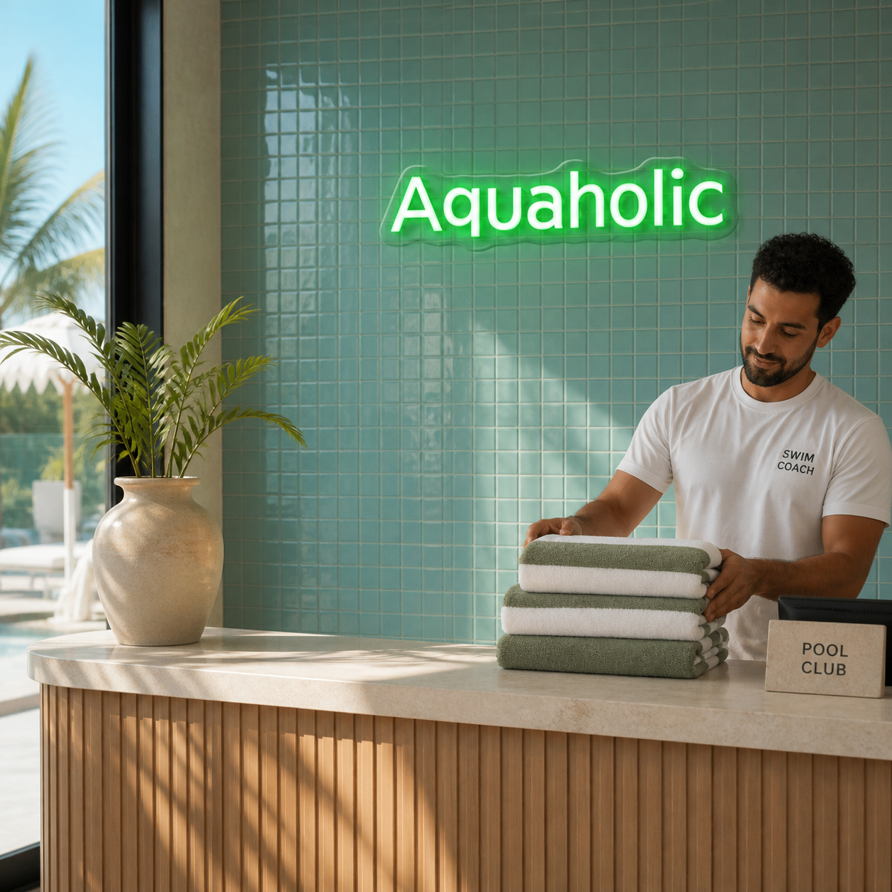 NeonHub lifestyle hero for "Aquaholic" Neon Sign