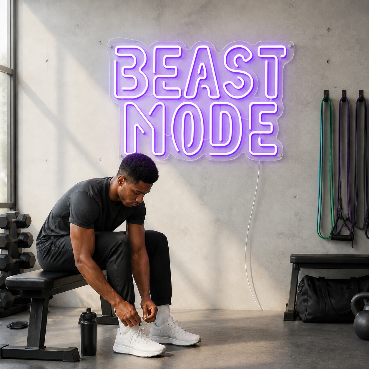 NeonHub lifestyle hero for "Beast Mode" Neon Sign — cut-to-shape v2