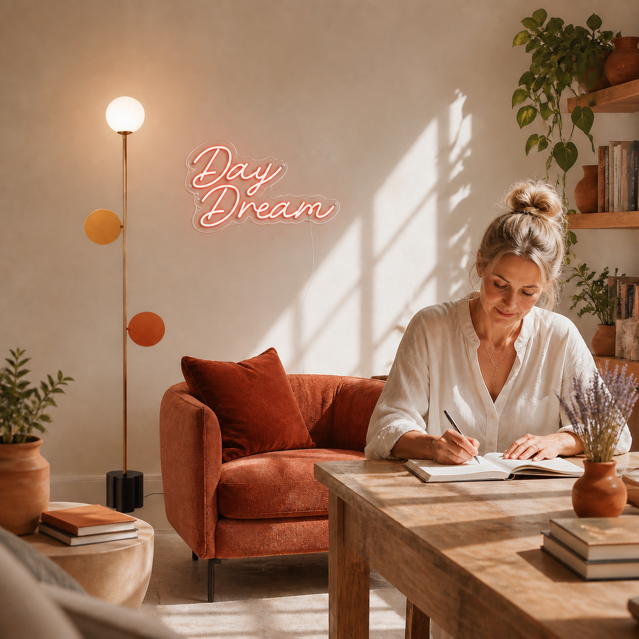 NeonHub lifestyle hero for "Day Dream" Neon Sign — cut-to-shape v2