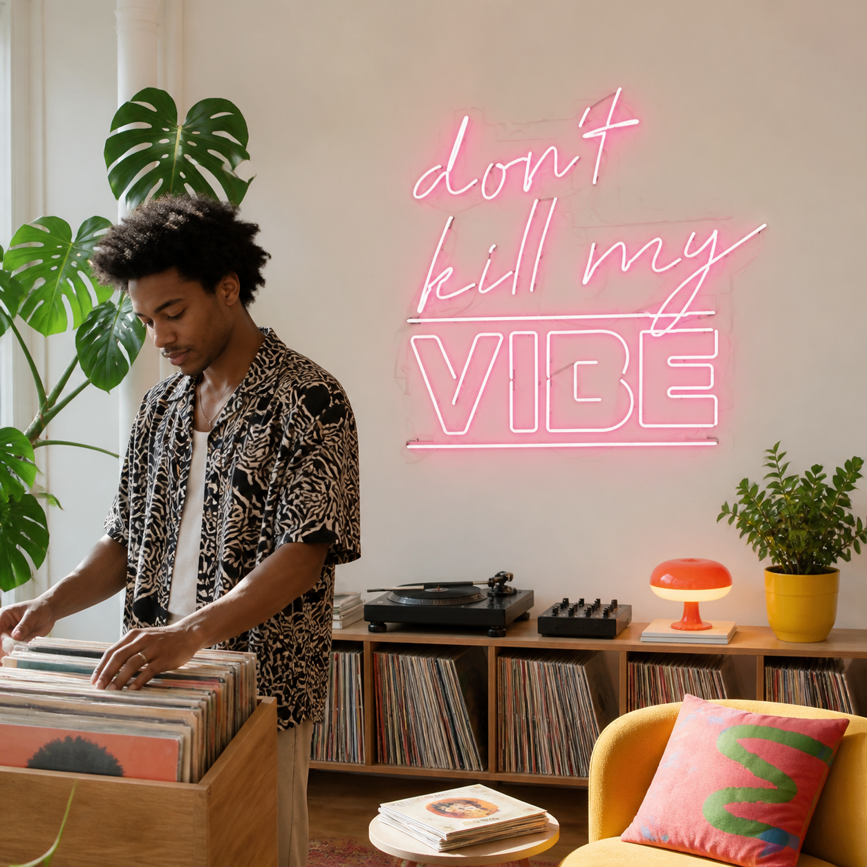 NeonHub lifestyle hero for "Don't Kill My Vibe" Neon Sign
