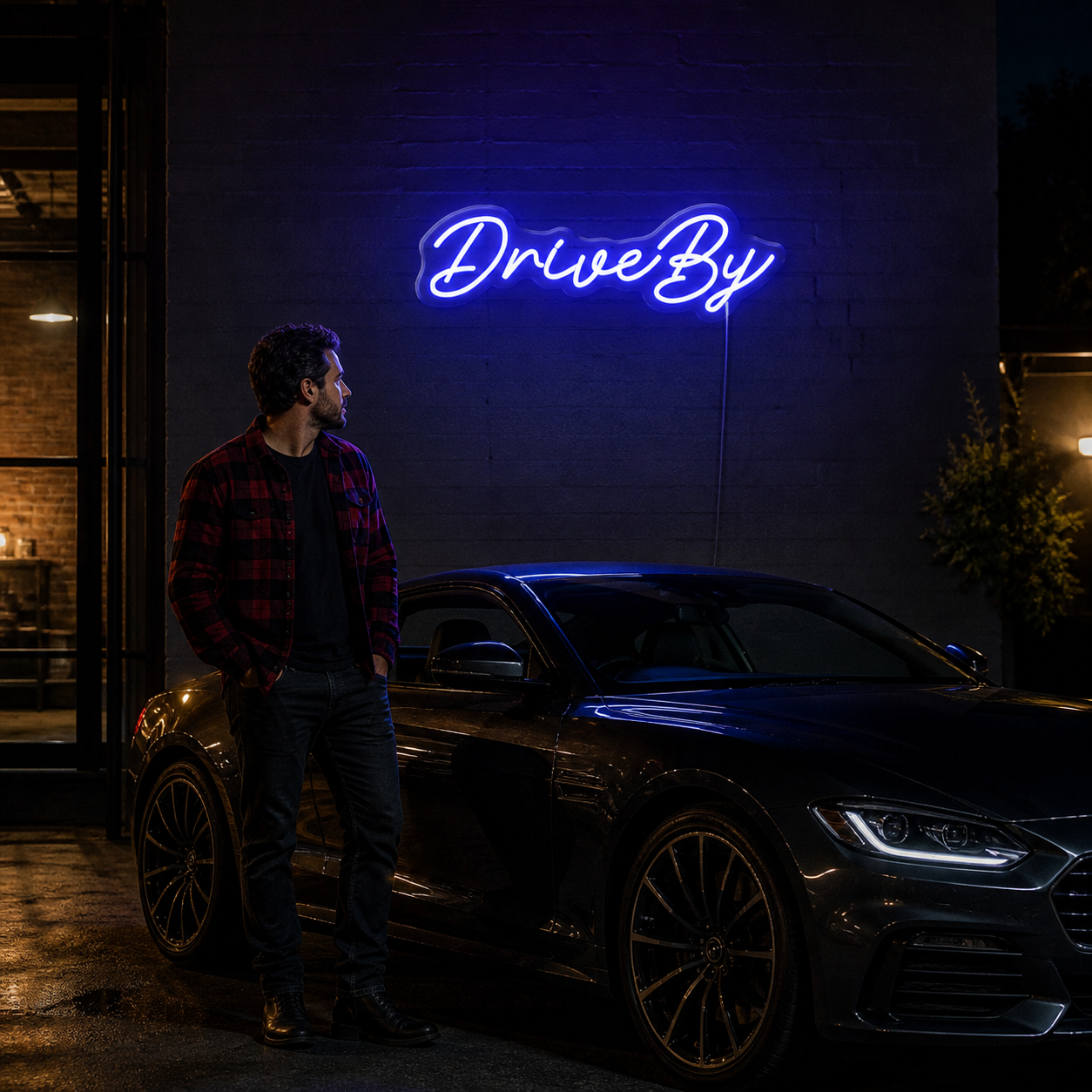 NeonHub lifestyle hero for "Drive By" Neon Sign — night car and flannel v2