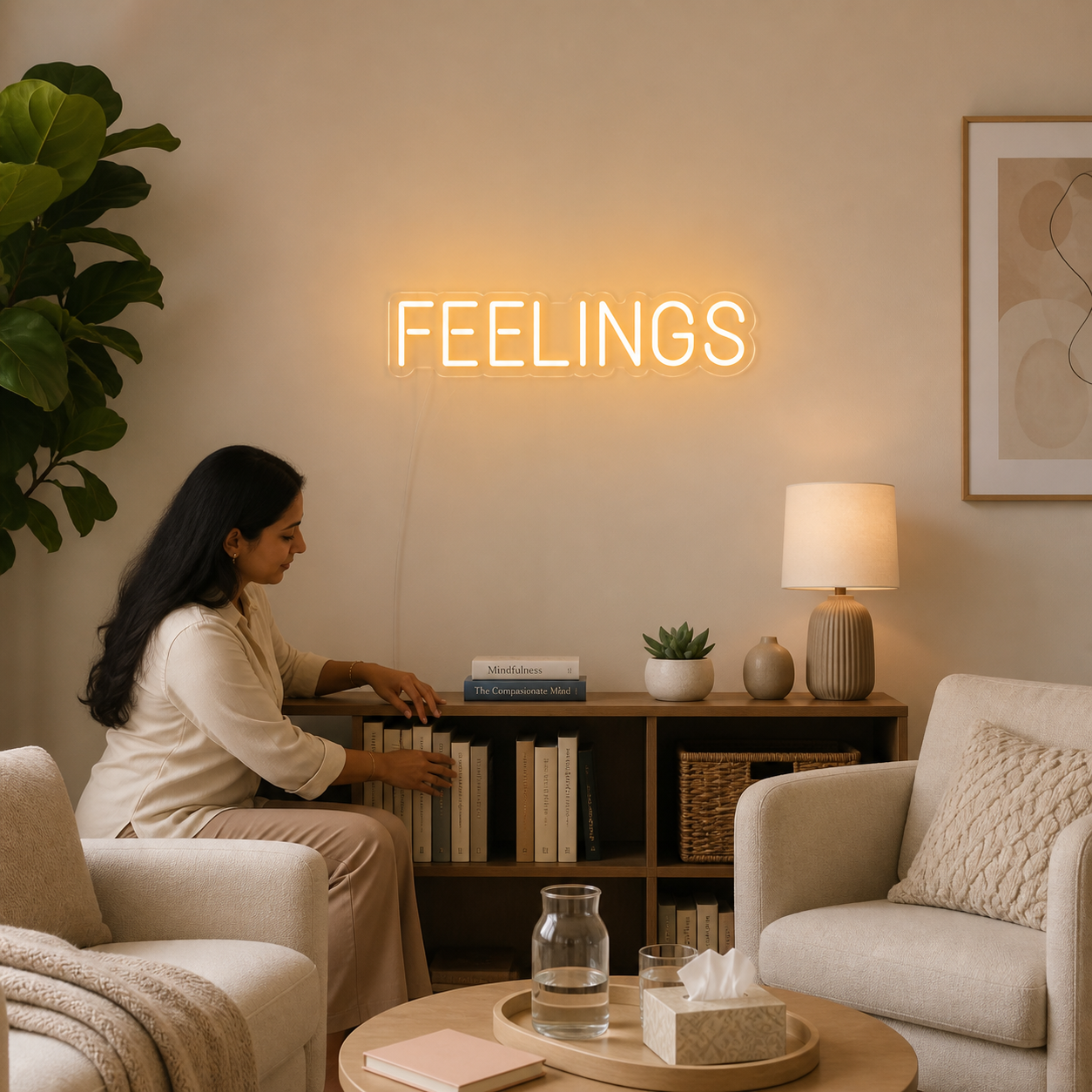 NeonHub lifestyle hero for "FEELINGS" Neon Sign