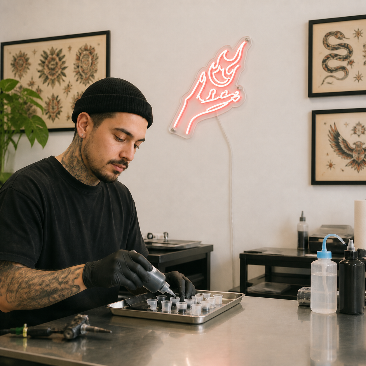 NeonHub lifestyle hero for "Flame Hand" Neon Sign — cut-to-shape v2
