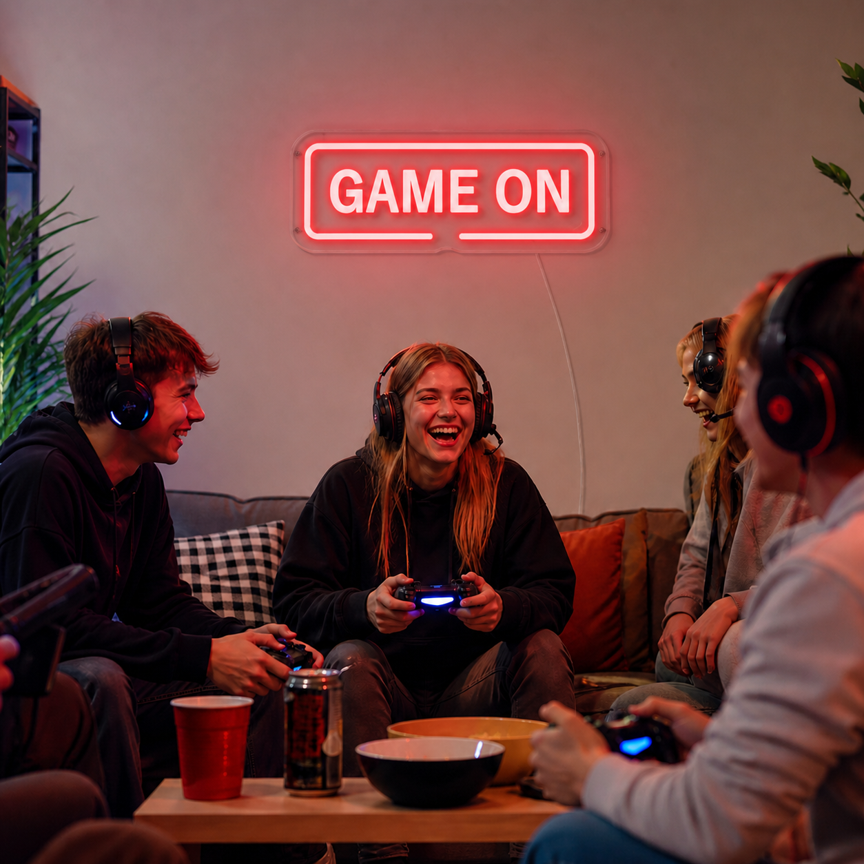 NeonHub lifestyle hero for "Game On" Neon Sign — realistic LED v2