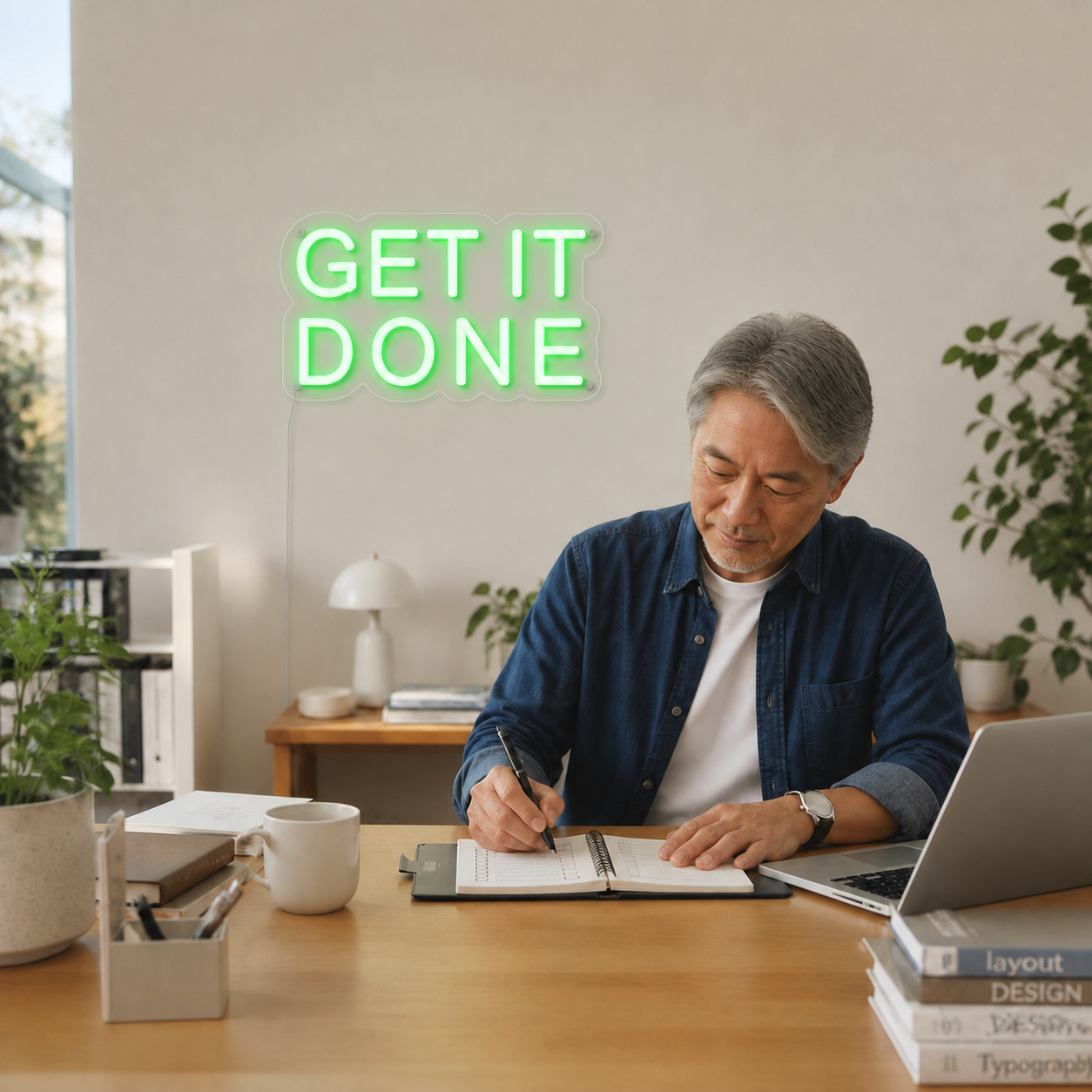 NeonHub lifestyle hero for "Get It Done" Neon Sign — cut-to-shape v2