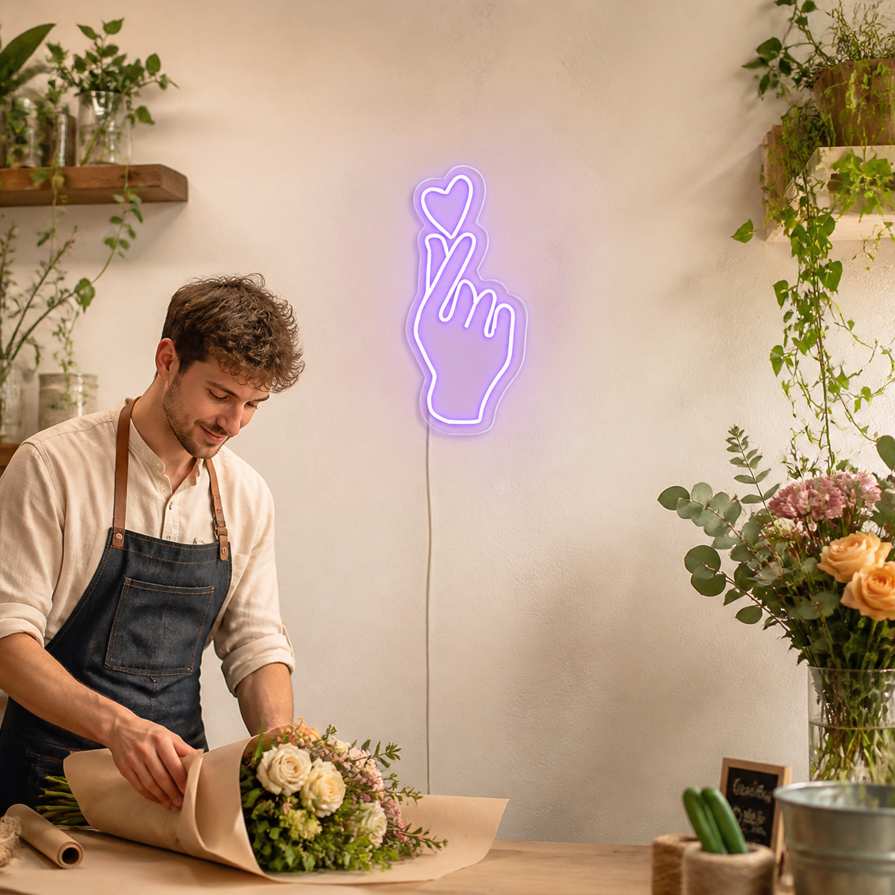 NeonHub lifestyle hero for "Hand Heart" Neon Sign