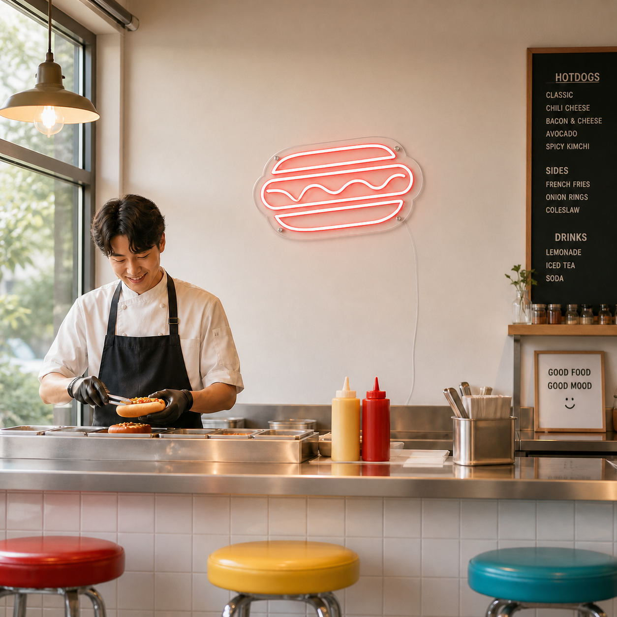 NeonHub lifestyle hero for "Hotdog" Neon Sign — cut-to-shape v2