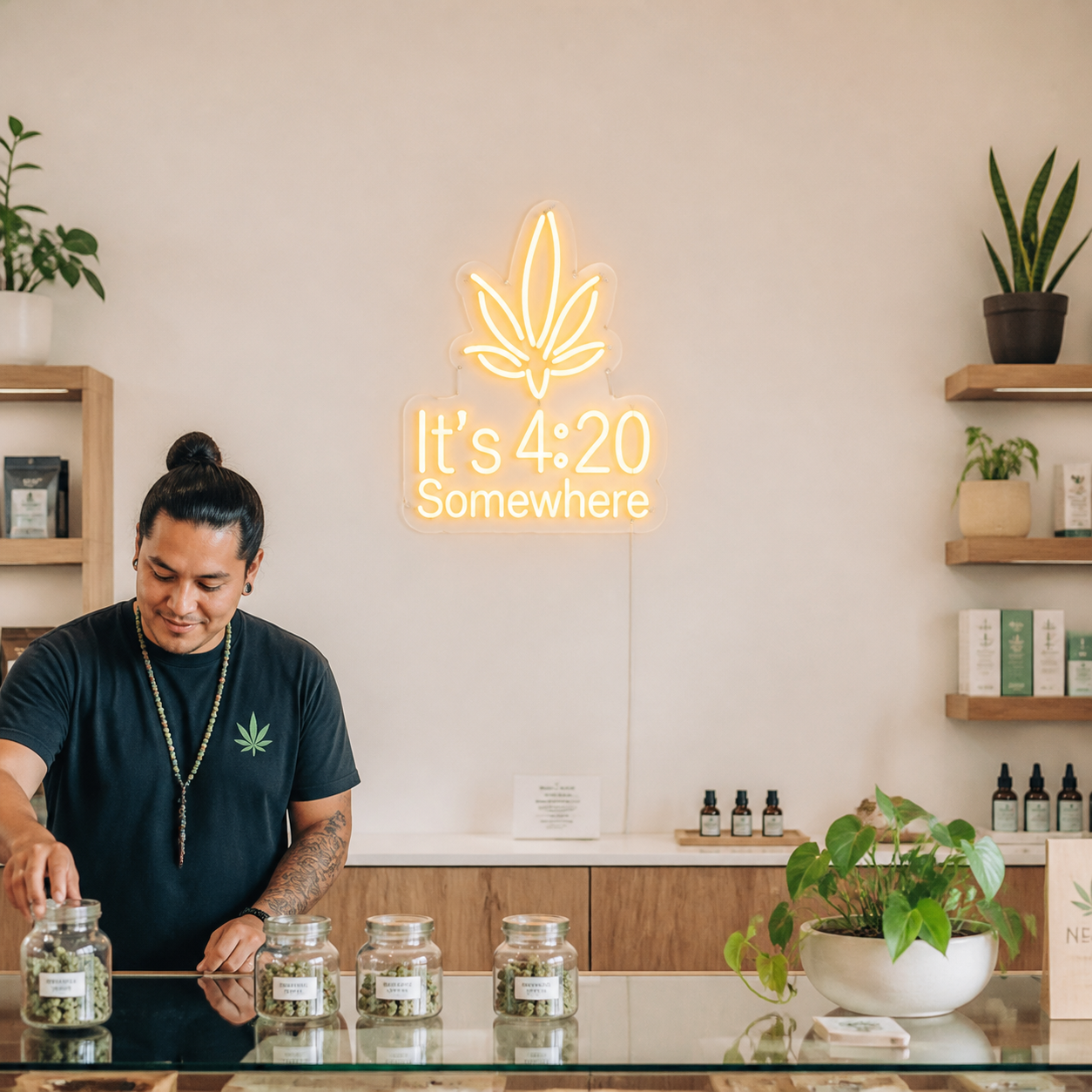 NeonHub lifestyle hero for "It's 4:20 Somewhere" Neon Sign