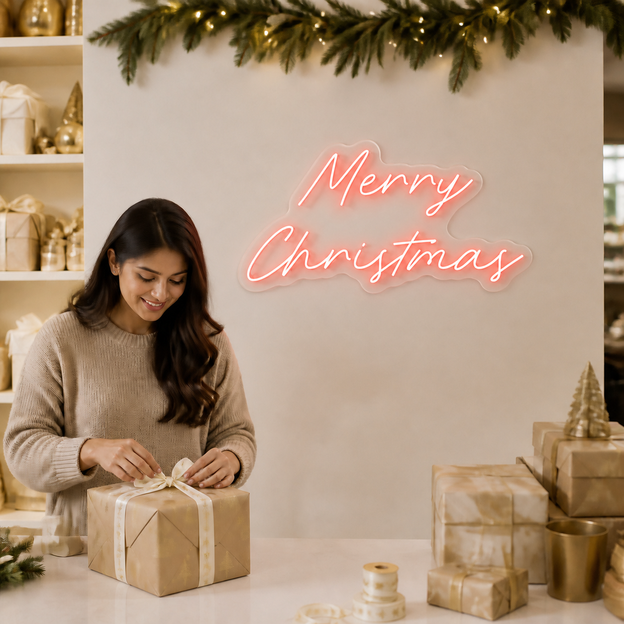 NeonHub lifestyle hero for "Merry Christmas" Neon Sign — cut-to-shape v2