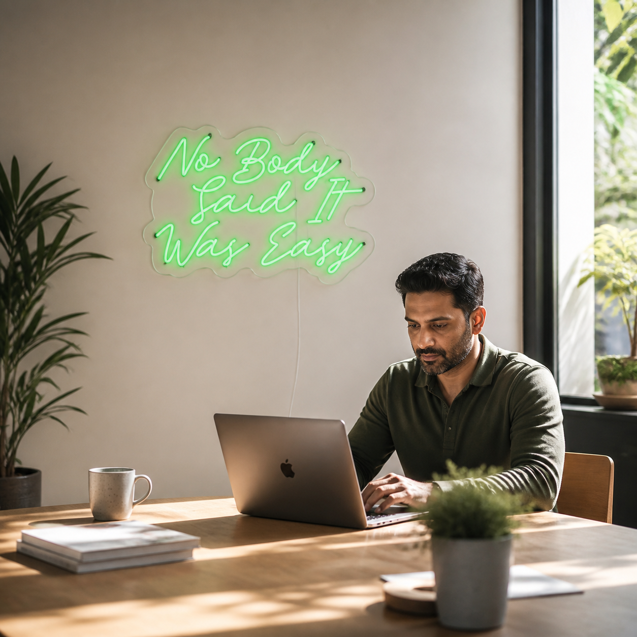 NeonHub lifestyle hero for "No Body Said It Was Easy" Neon Sign