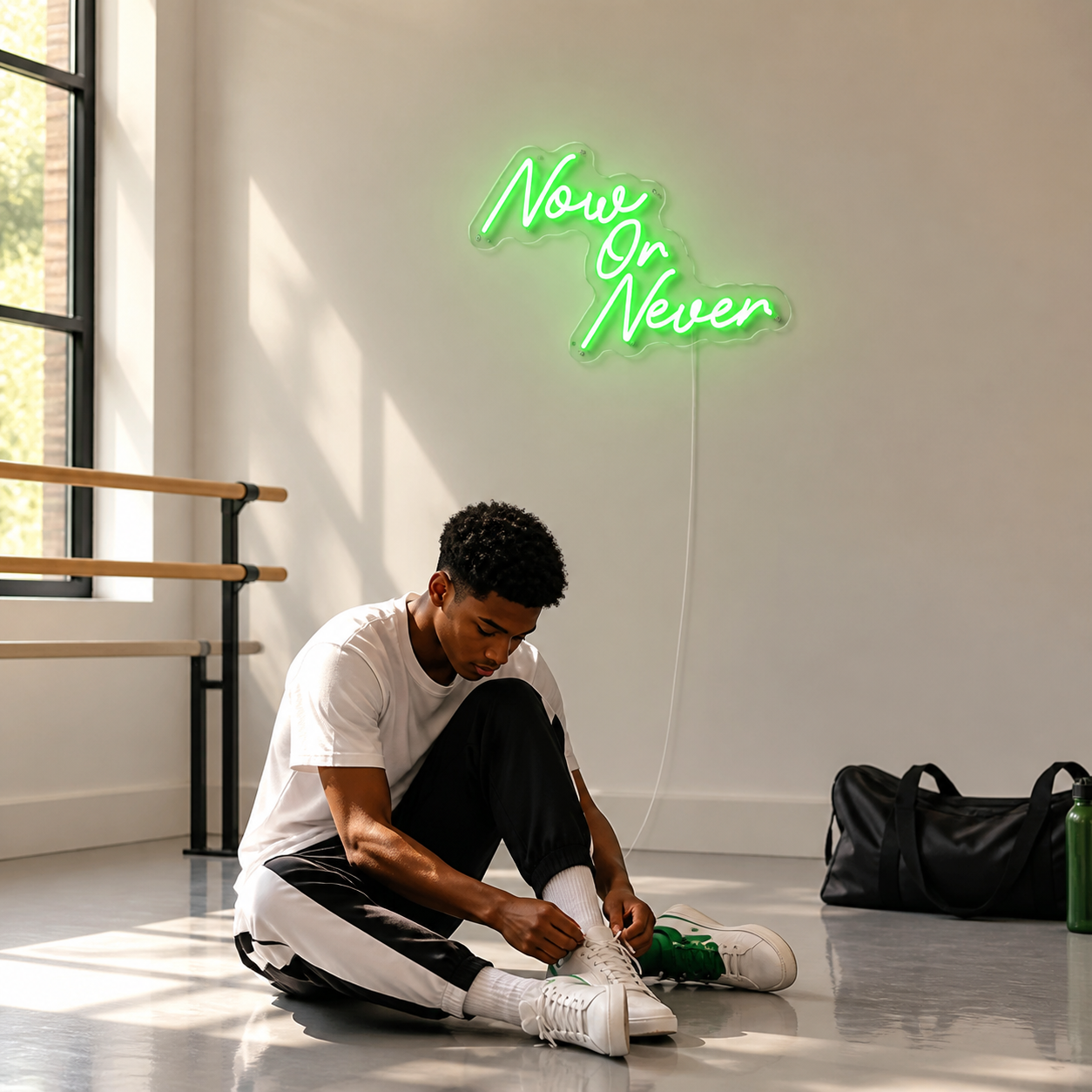NeonHub lifestyle hero for "Now Or Never" Neon Sign