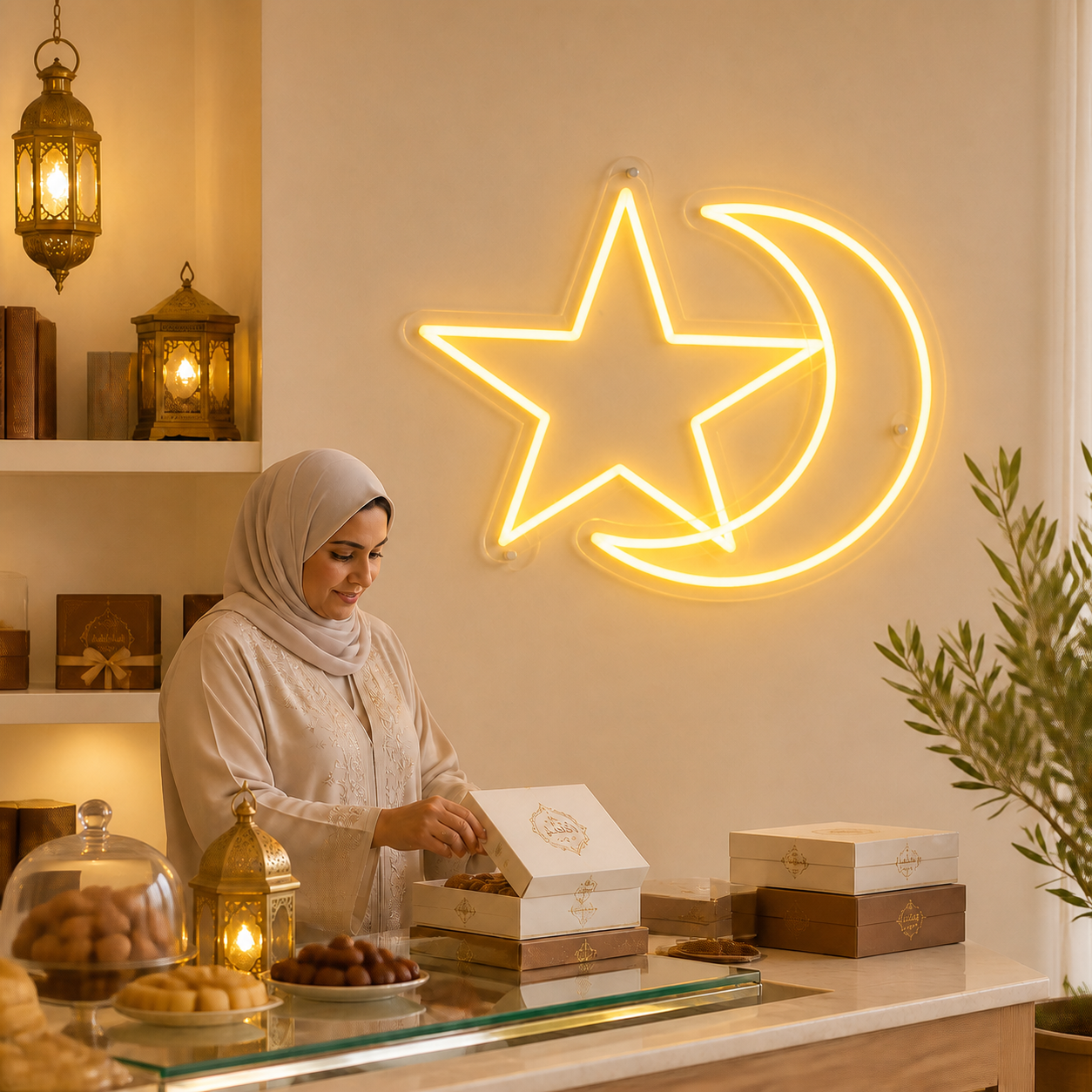 NeonHub lifestyle hero for "Ramadan's Package" Neon sign — cut-to-shape v2