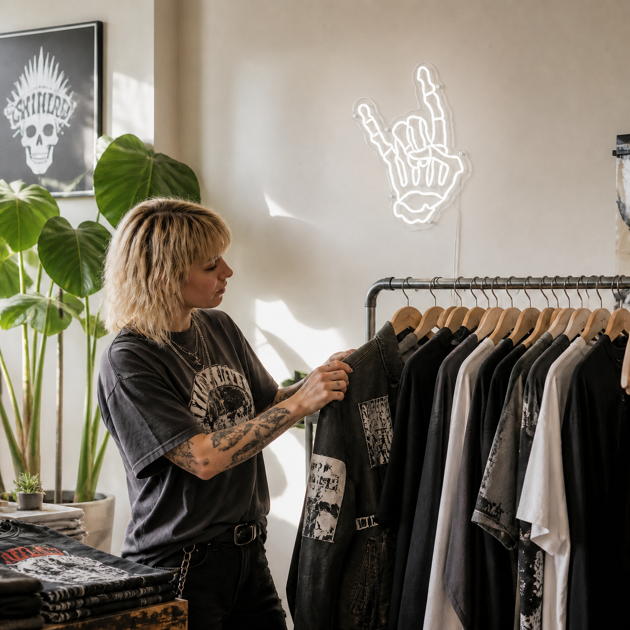 NeonHub lifestyle hero for "Skeleton Hand" Neon Sign — cut-to-shape v2