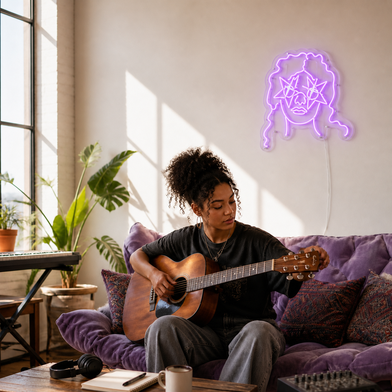 NeonHub lifestyle hero for "Starry Girl" Neon Sign — exact-source cut-to-shape v2