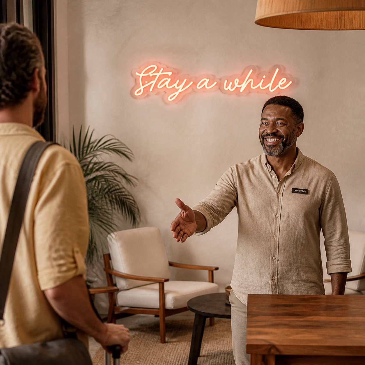 NeonHub lifestyle hero for "Stay a while" Neon Sign