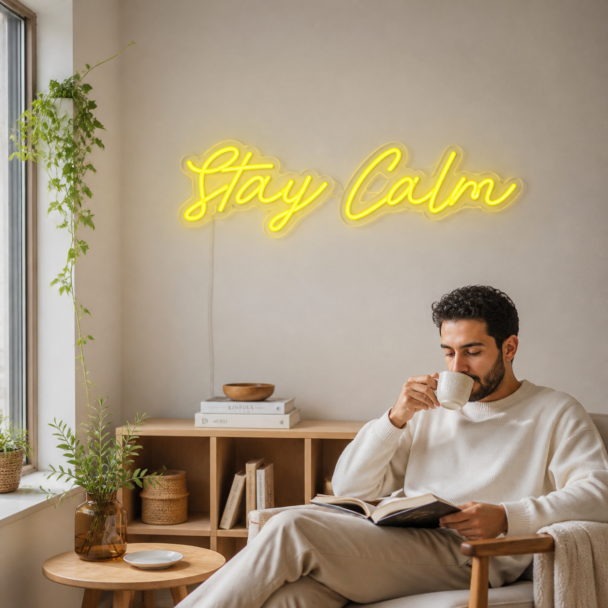NeonHub lifestyle hero for "Stay Calm" Neon Sign