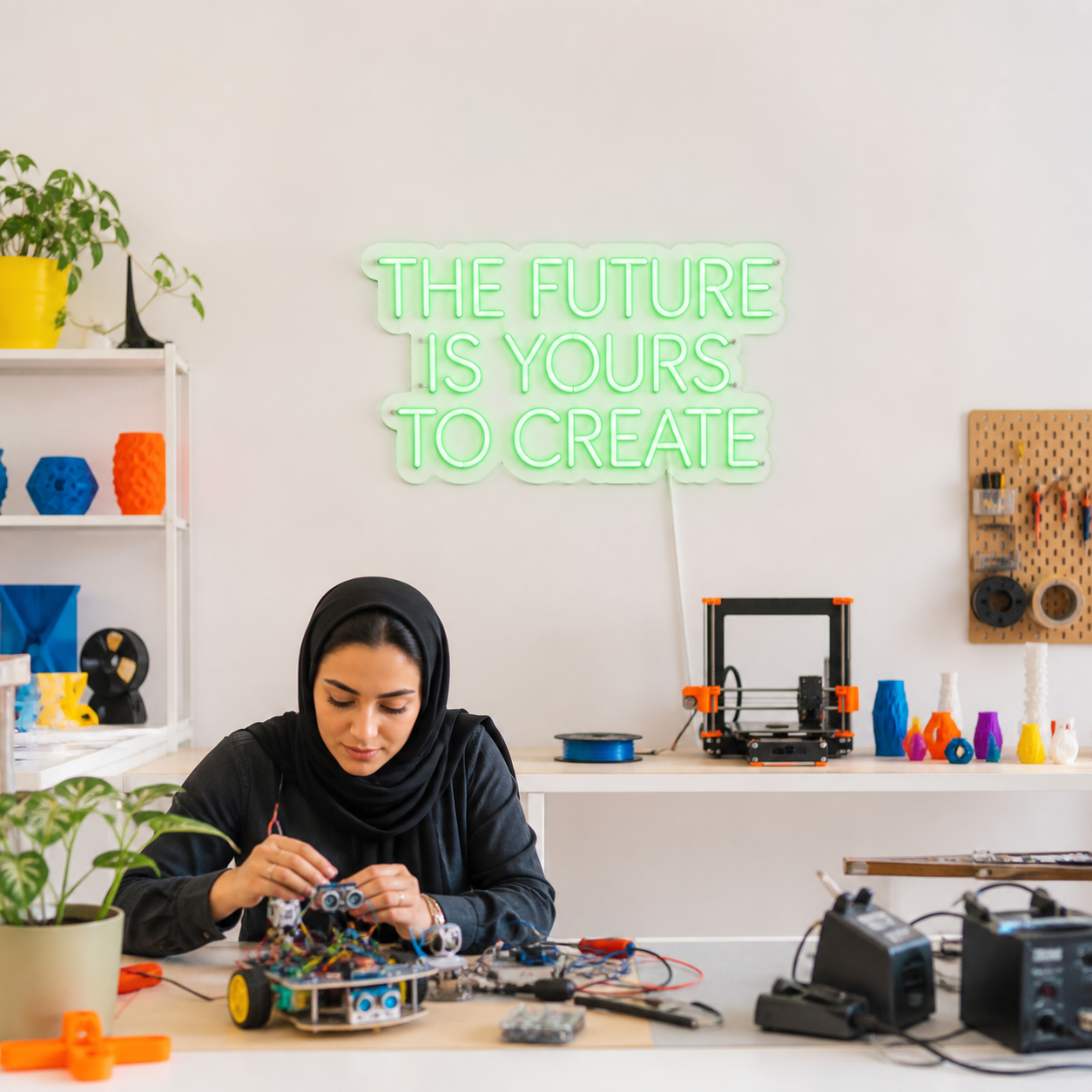 NeonHub lifestyle hero for "THE FUTURE IS YOURS TO CREATE" Neon Sign