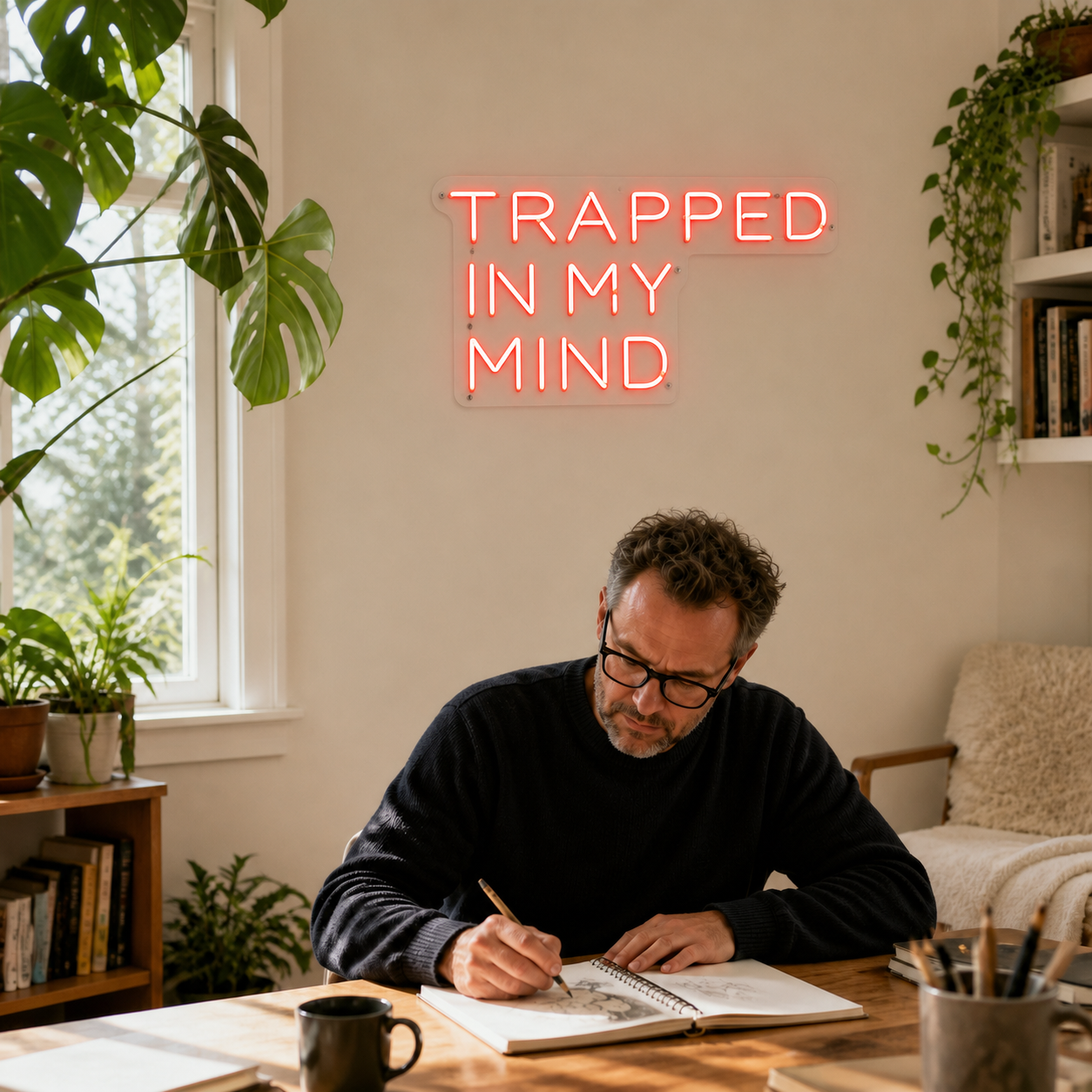 NeonHub lifestyle hero for "TRAPPED IN MY MIND" Neon Sign — level v2