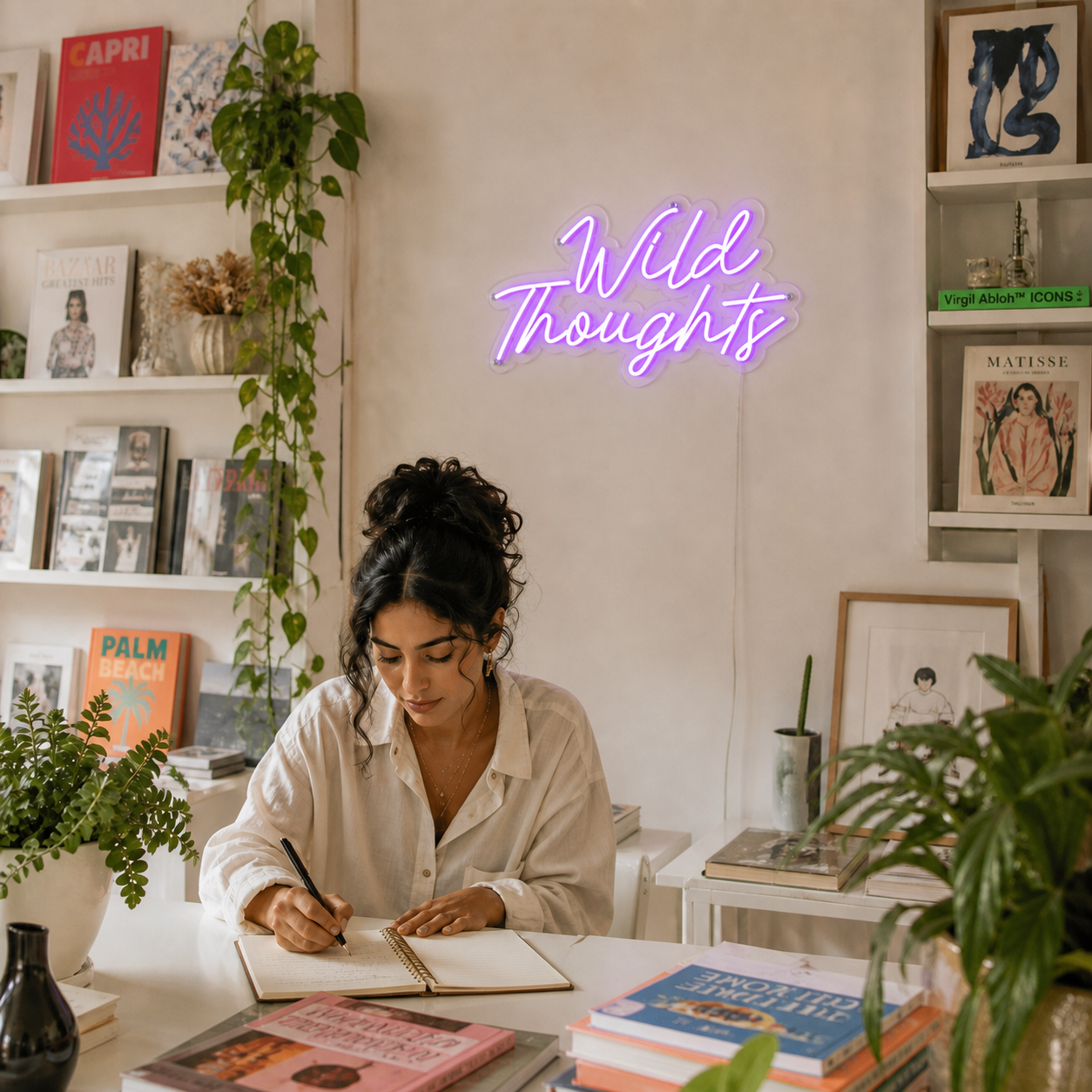 NeonHub lifestyle hero for "Wild Thoughts" Neon Sign — cut-to-shape v2